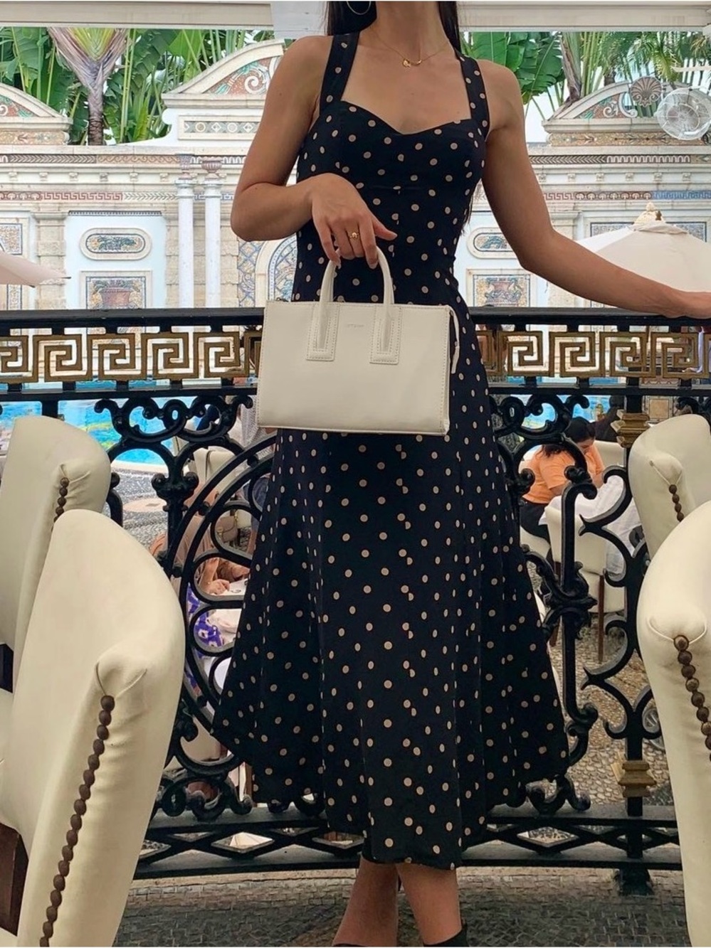 100% silk Midi Dress with Cream Polka Dots